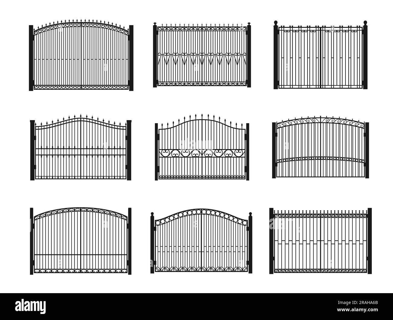 Iron gates, metal fences and steel wrought doors, vector entrance borders. Old ornate garden park architecture gates with forged rail pattern, metal fence with lattice, doorway with spike bars Stock Vector