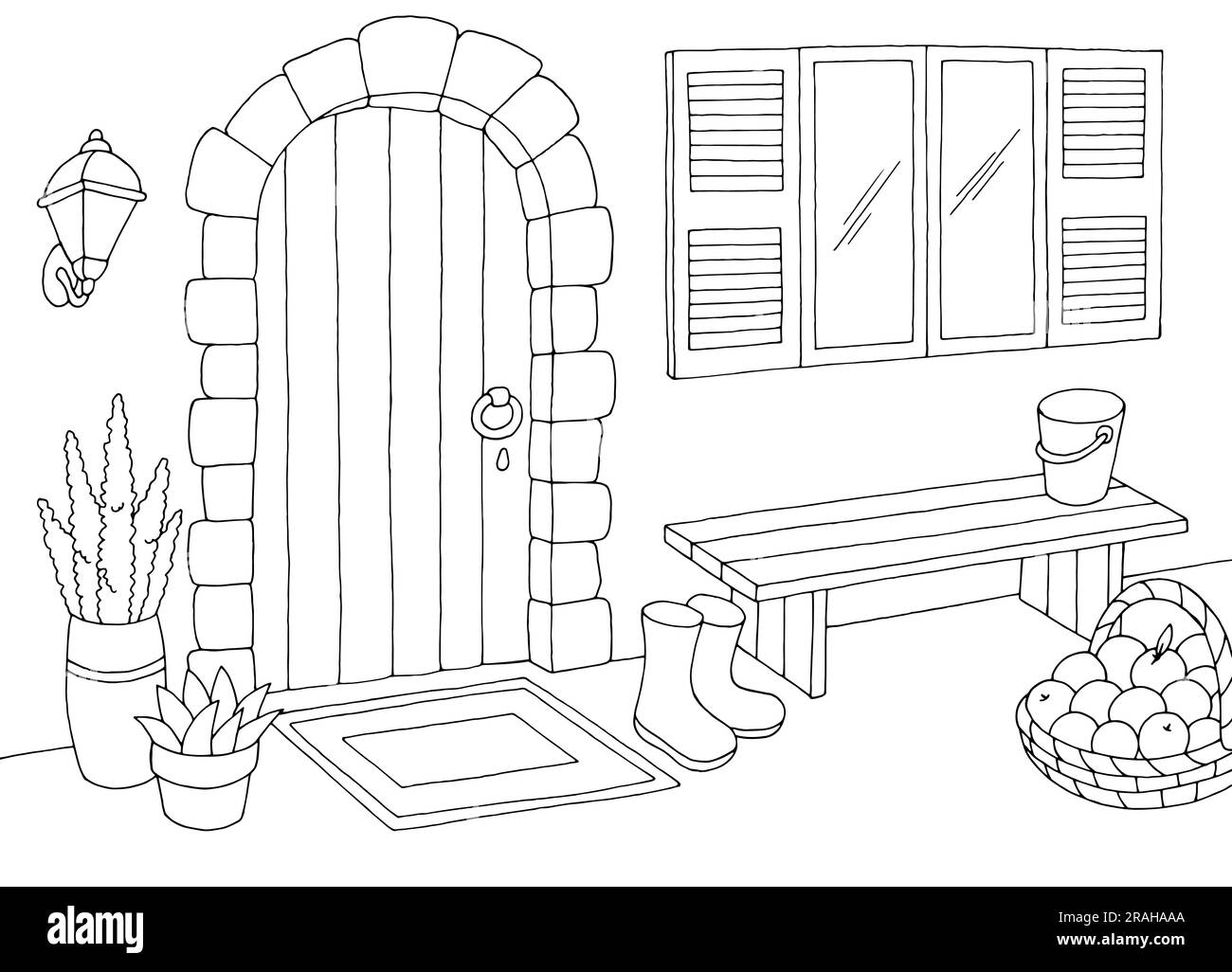 Rural yard graphic black white sketch illustration vector Stock Vector