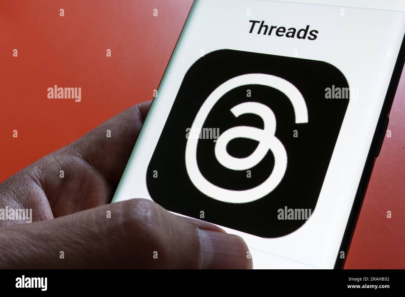 Threads app logo seen on screen. The new application by Meta Platforms is Twitter competitor. Stafford, United Kingdom, July 4, 2023 Stock Photo