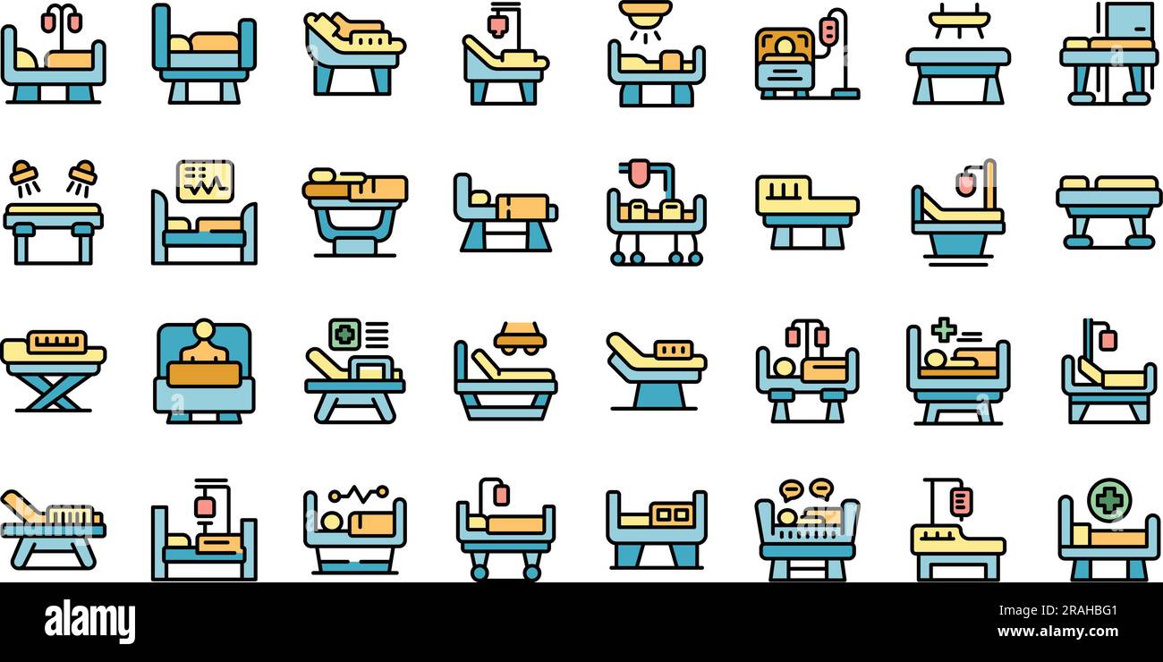 Hospital bed icons set outline vector. Patient mattress. Covid equipment thin line color flat on white Stock Vector