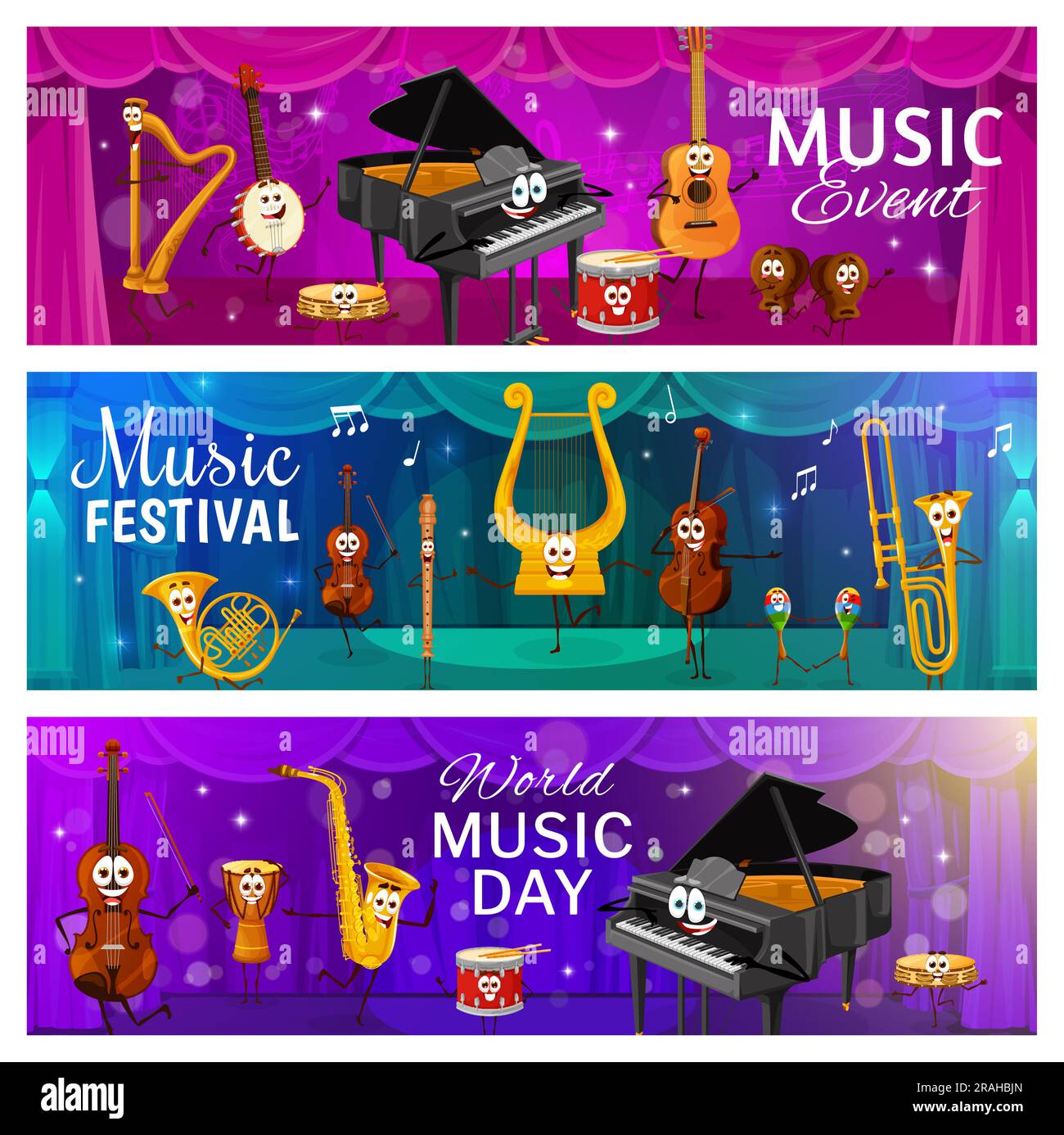 Cartoon musical instrument characters on the opera or theater stage. Classic music musician acoustic instruments vector banners with harp, banjo, tambourine, piano and drum, guitar cute personages Stock Vector