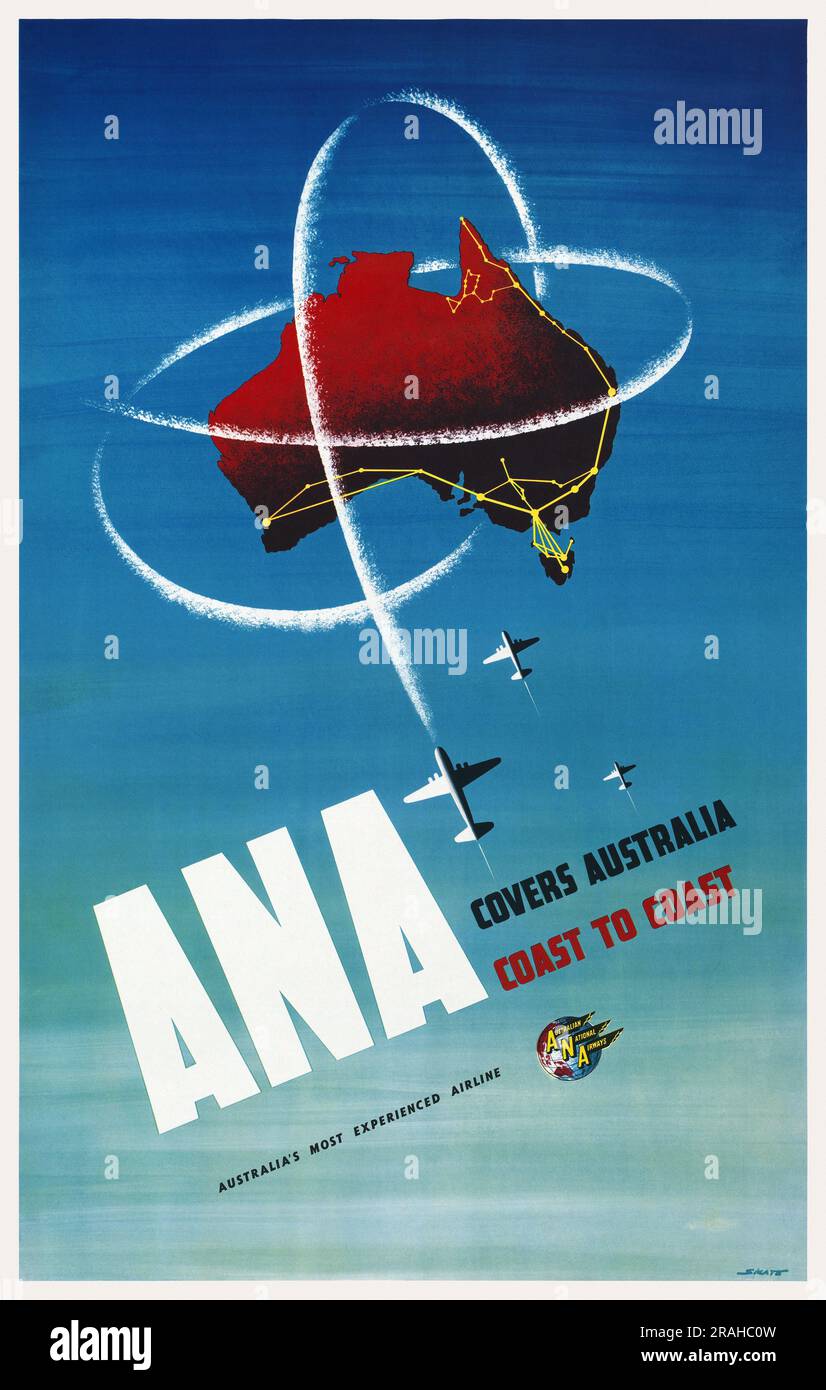 ANA. Covers Australia, coast to coast. Australia's most experienced airline by Ronald Clayton Skate (1913-1991). Poster published in 1950 in Australia. Stock Photo