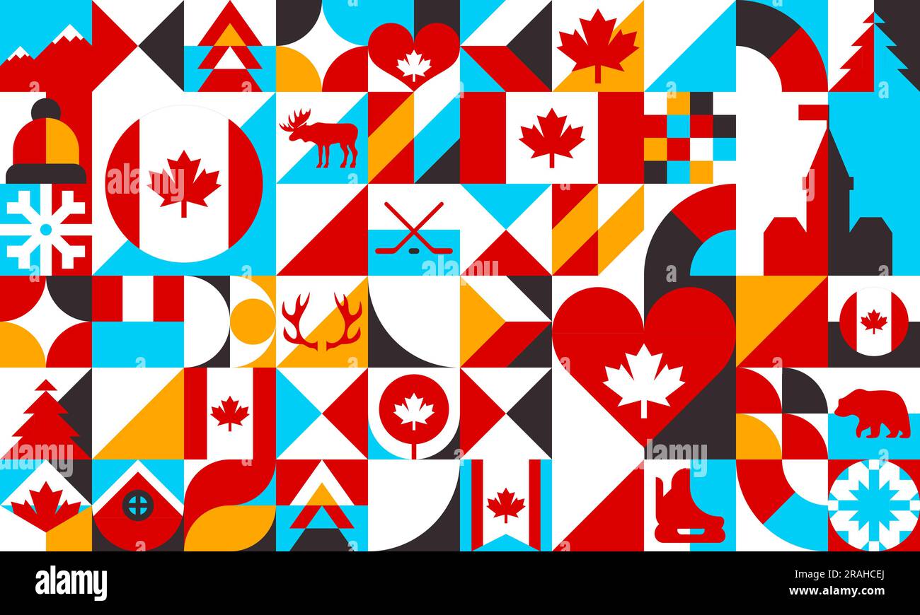 Abstract geometric Canada shapes, bauhaus pattern. Canadian travel vector background. Modern collage of squares, circles and triangles, maple leaf flag, Ottawa parliament, hockey, bear and moose Stock Vector