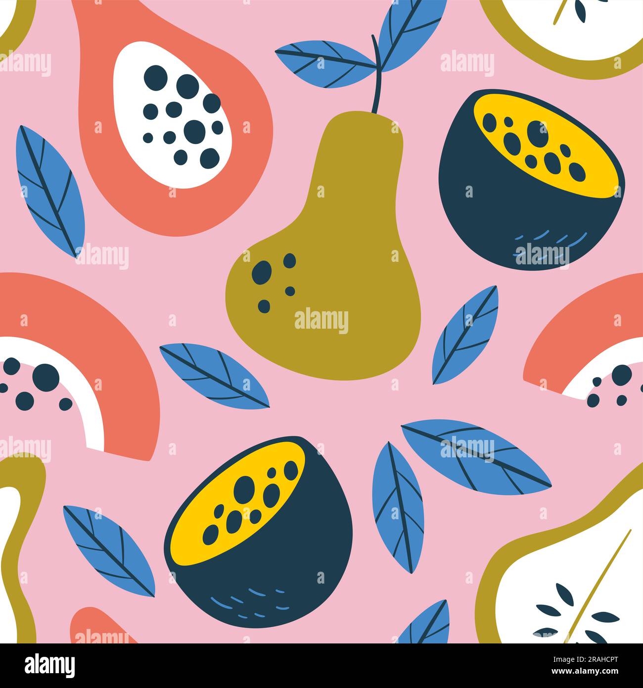 Passion fruit seamless pattern. Square repeat pattern, with passion fruit, papaya, pear and fruit slices. Abstract colorful composition. Flat vector d Stock Vector