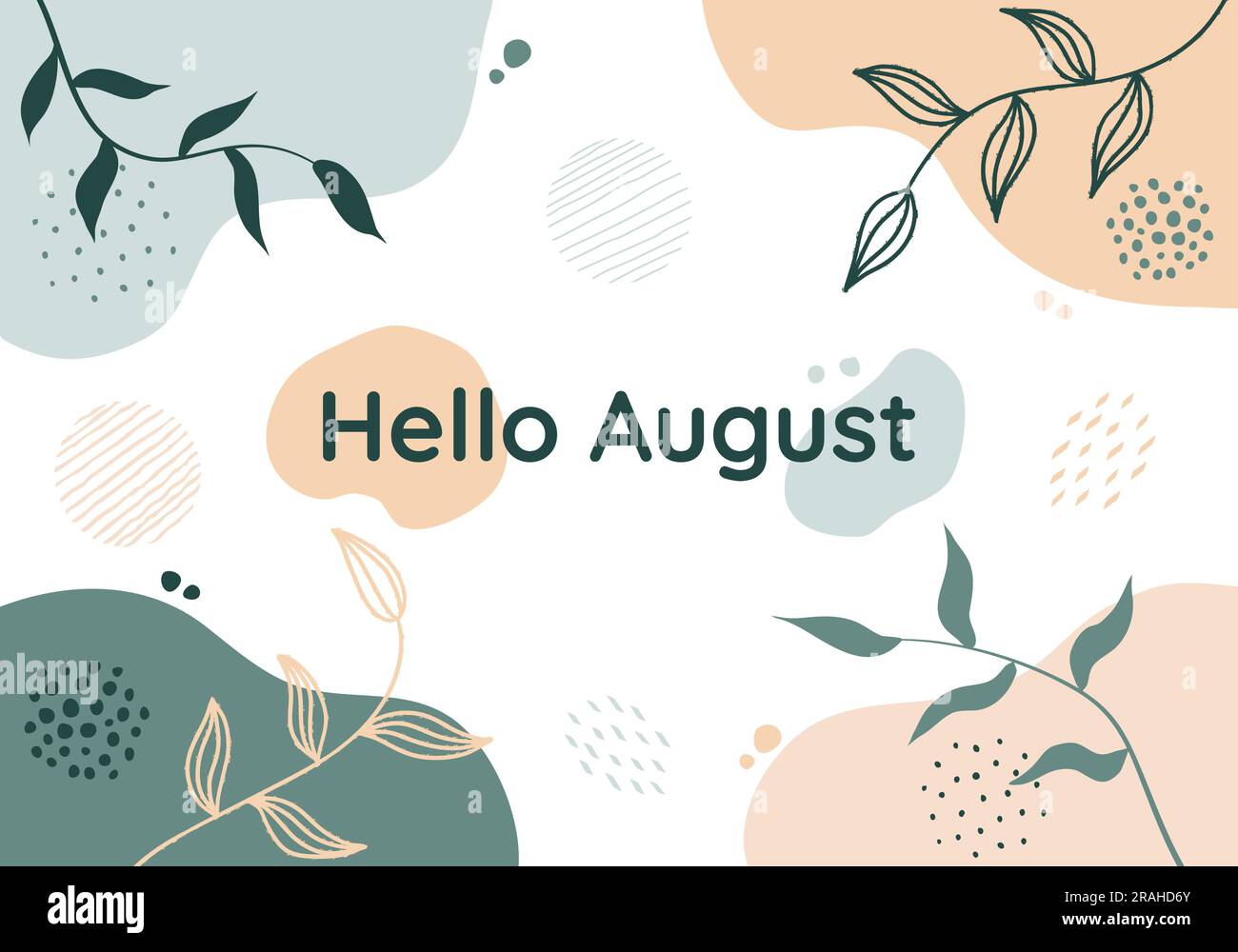 Hello August Boho Art Style Banner Vector Illustration. Hand drawn and organic design graphic resource. Floral Trendy neutral color palette. Website Stock Vector