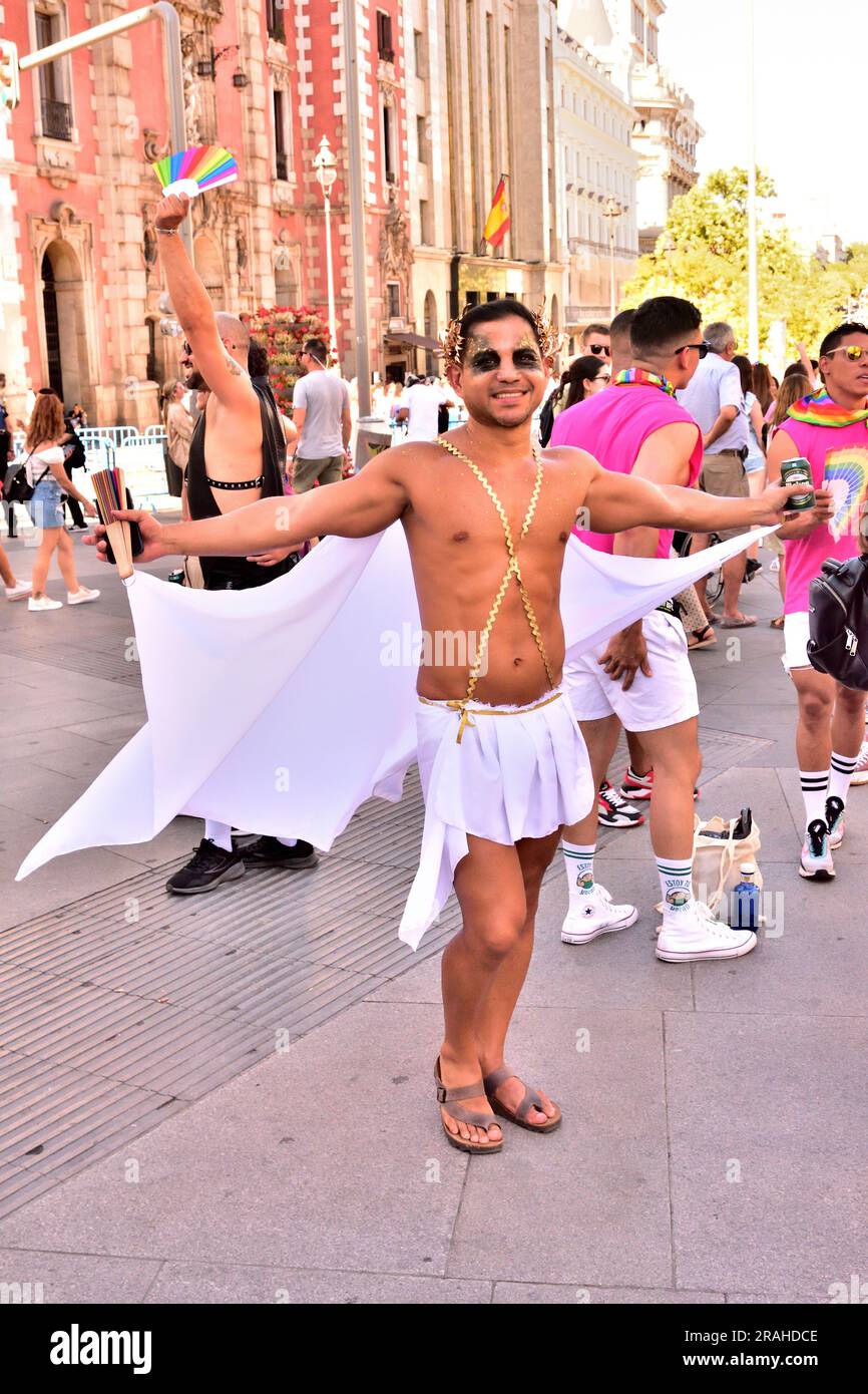 A man celebrating gay pride day in Cibeles square, Madrid, july 1, 2023 Stock Photo
