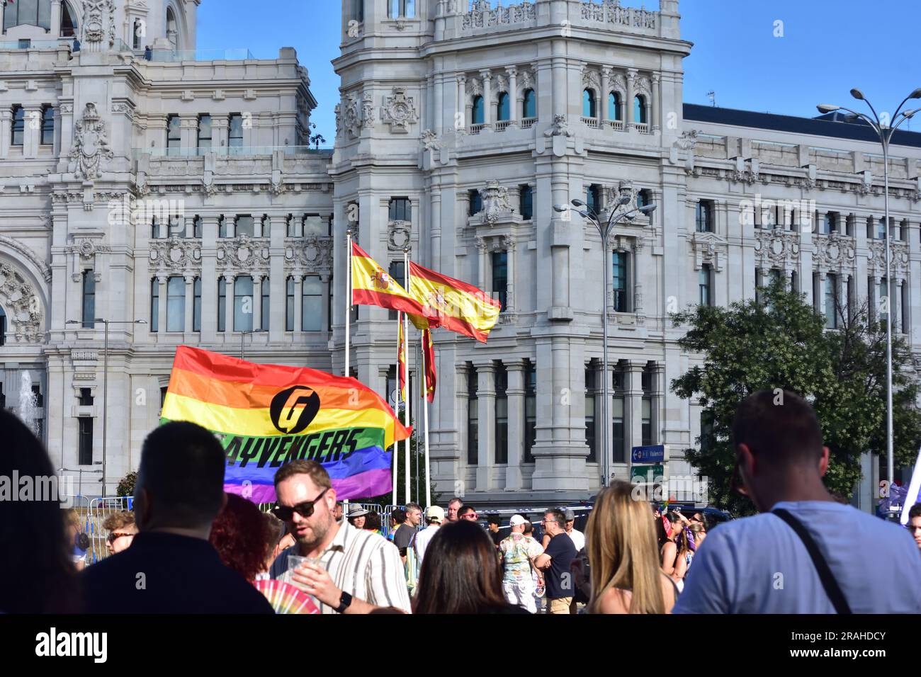 People celebrating in Cibeles square on gay pride day. July2, 2023 Stock Photo