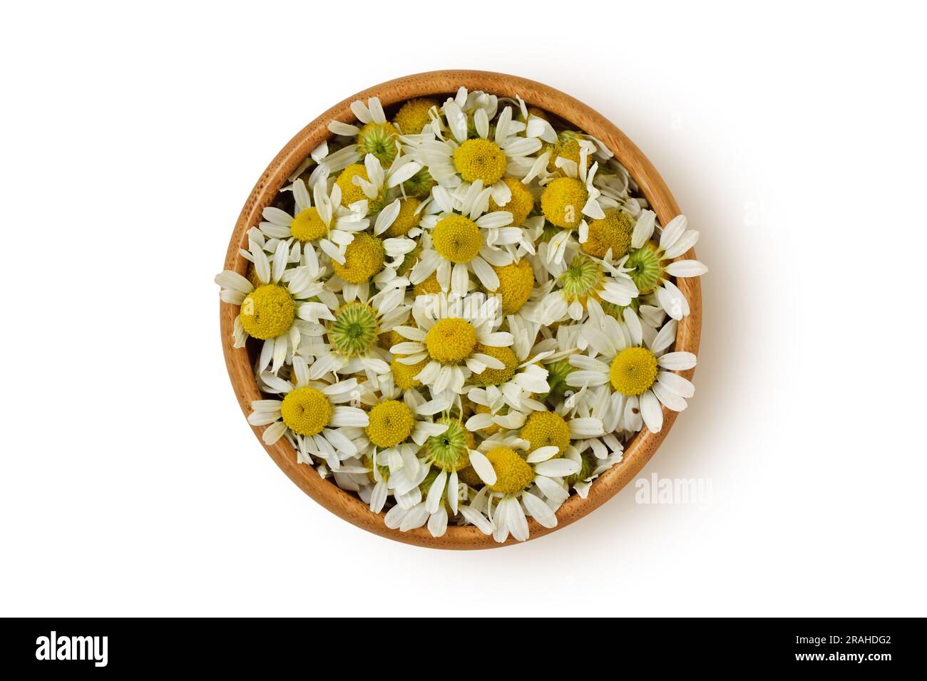 Chamomile flowers in wooden bowl on white background Stock Photo