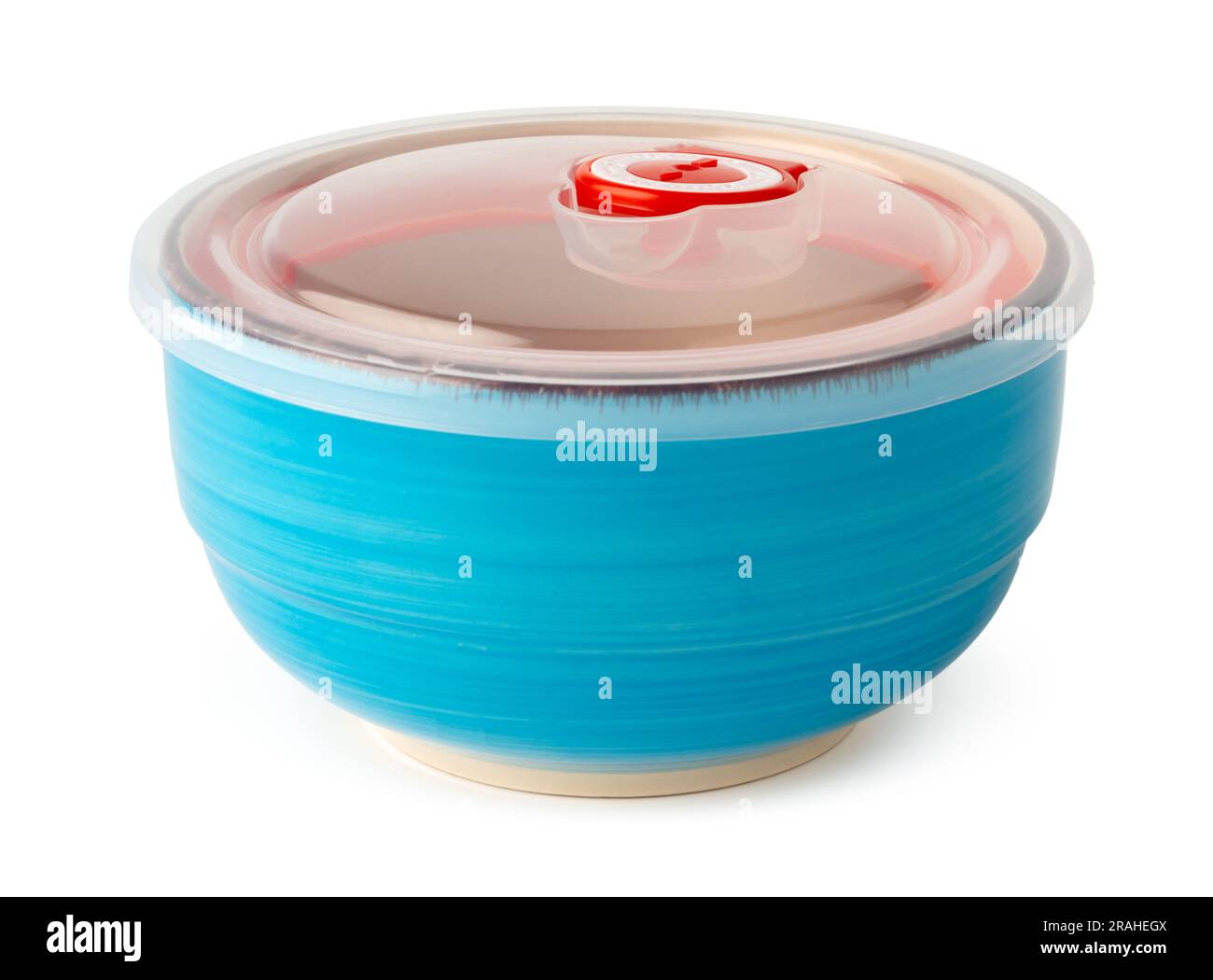 Ceramic bowl with plastic lid on white background Stock Photo Alamy