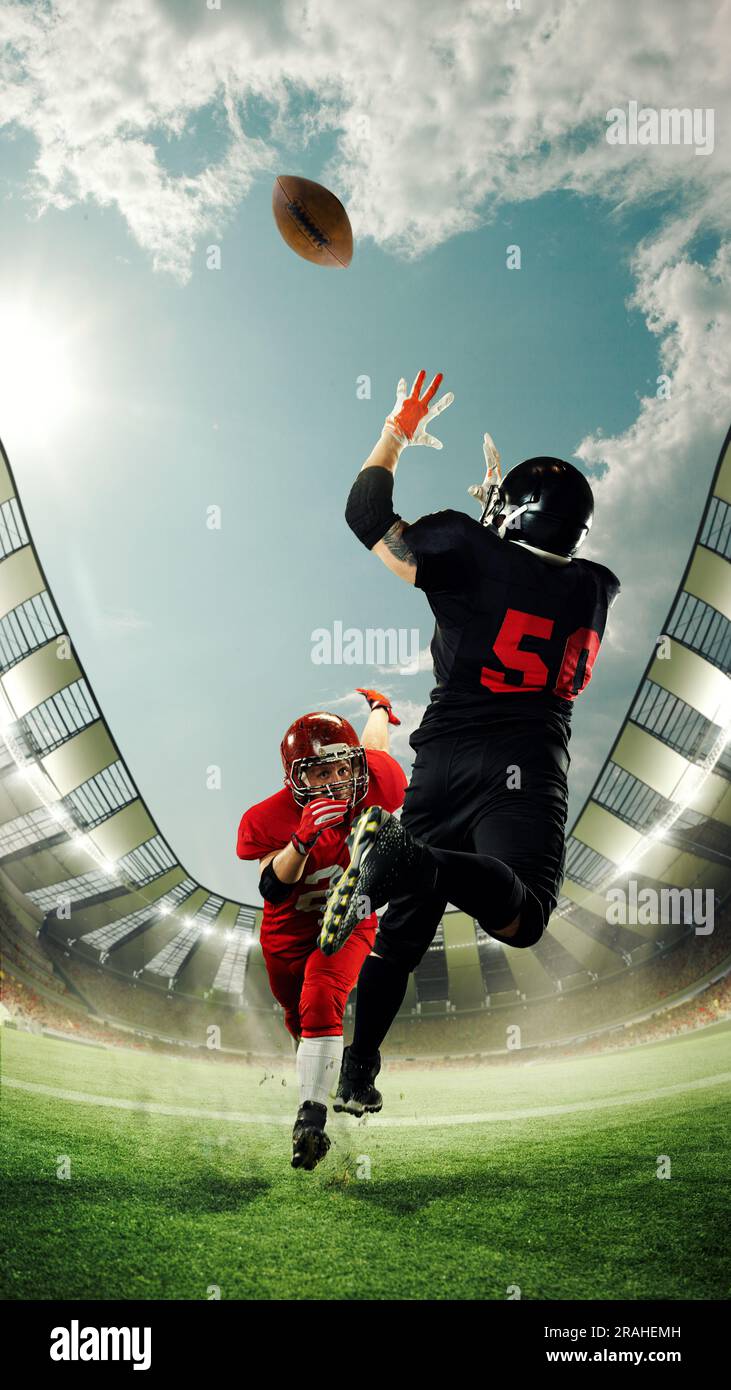 Competitive sportsmen, american football players in motion during match ...