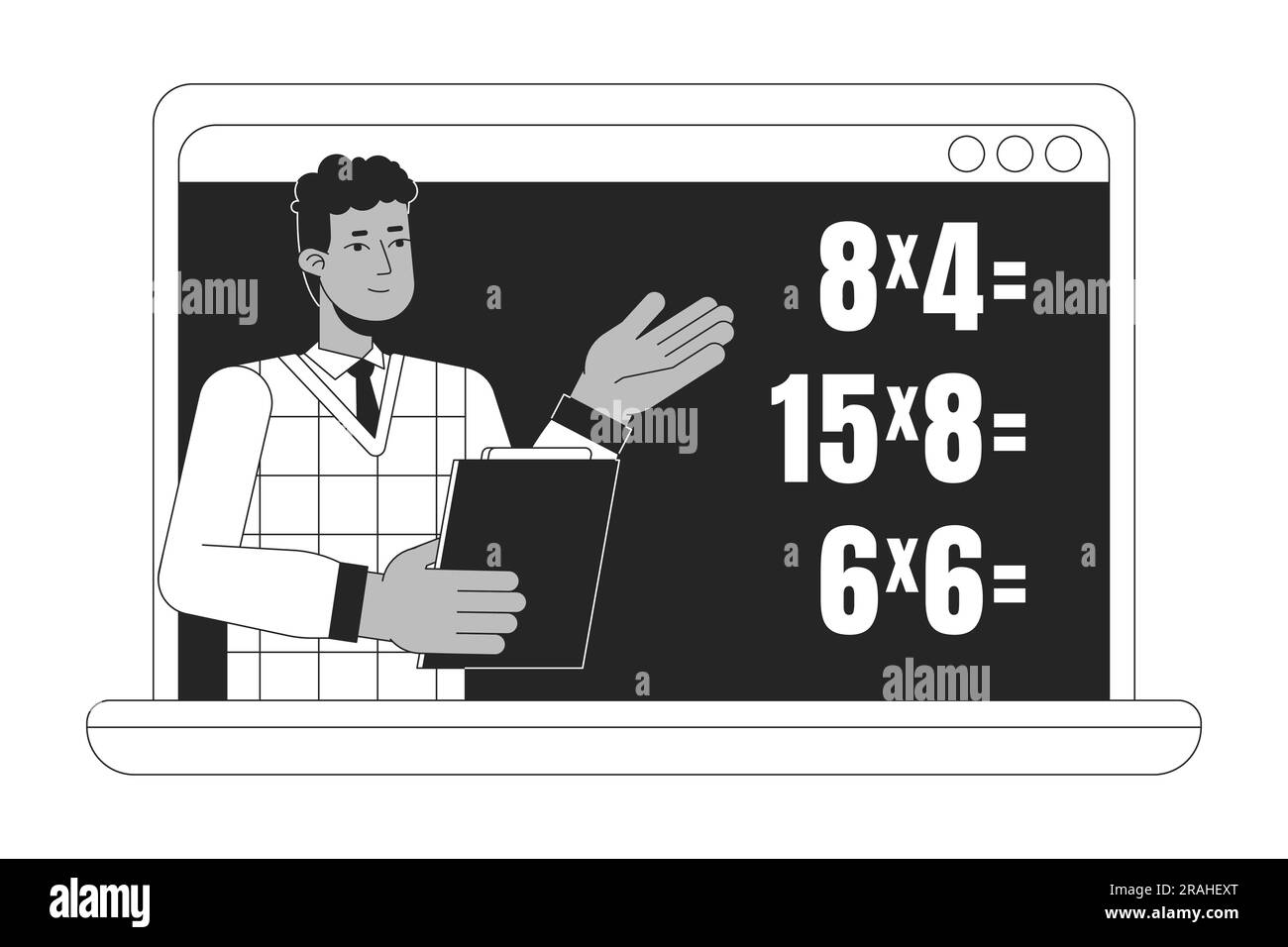 Math online lesson on laptop flat line black white vector character