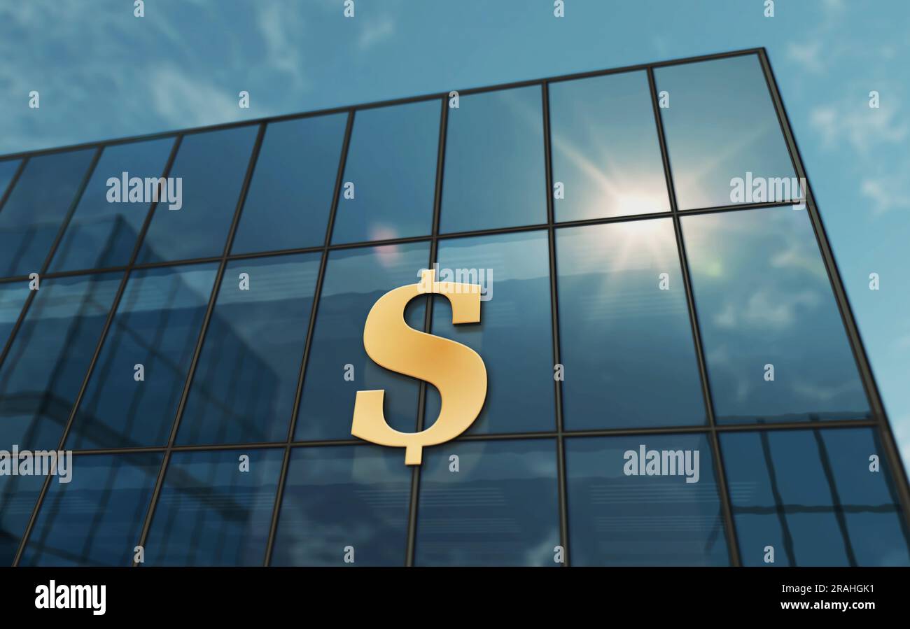 Dollar symbol USD money glass building concept. Bank economic finance ...