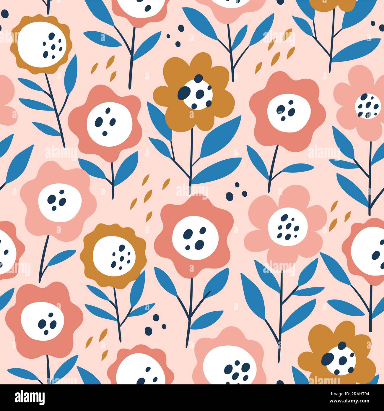 Abstract floral seamless pattern on light pink backgroun. Cute repeat pattern with daisy flowers. Square design. Vector illustration. Stock Vector