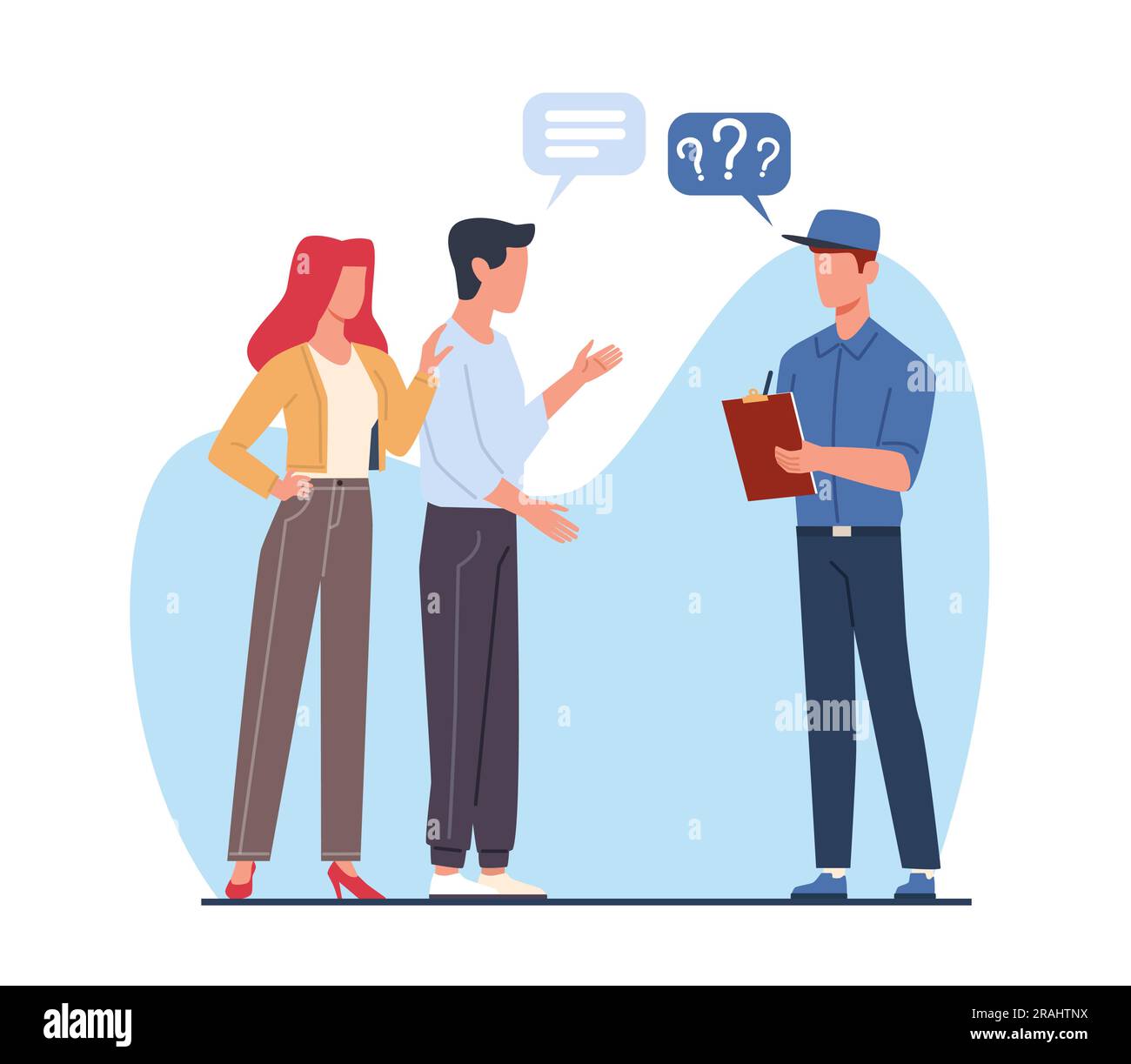 Manager surveys couple to assess quality of services provided. Man with ...