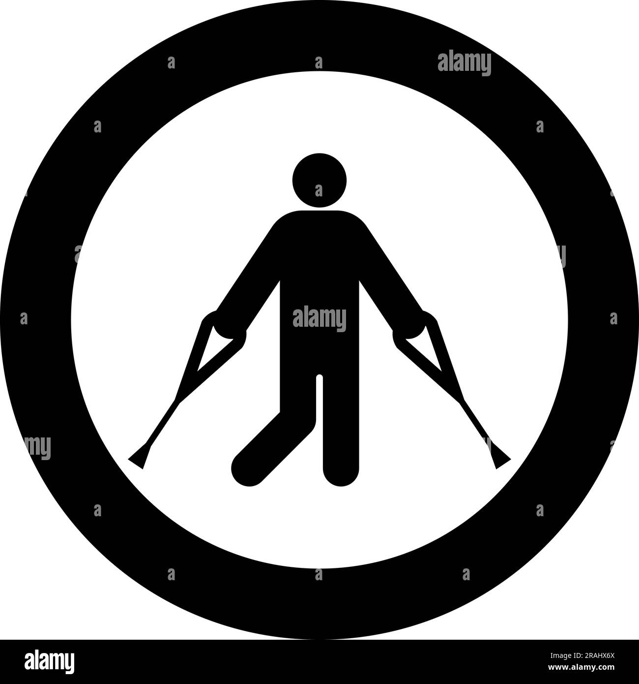 Man with crutchs crutches broken leg in cast gypsum bone injury fracture icon in circle round black color vector illustration image solid outline Stock Vector