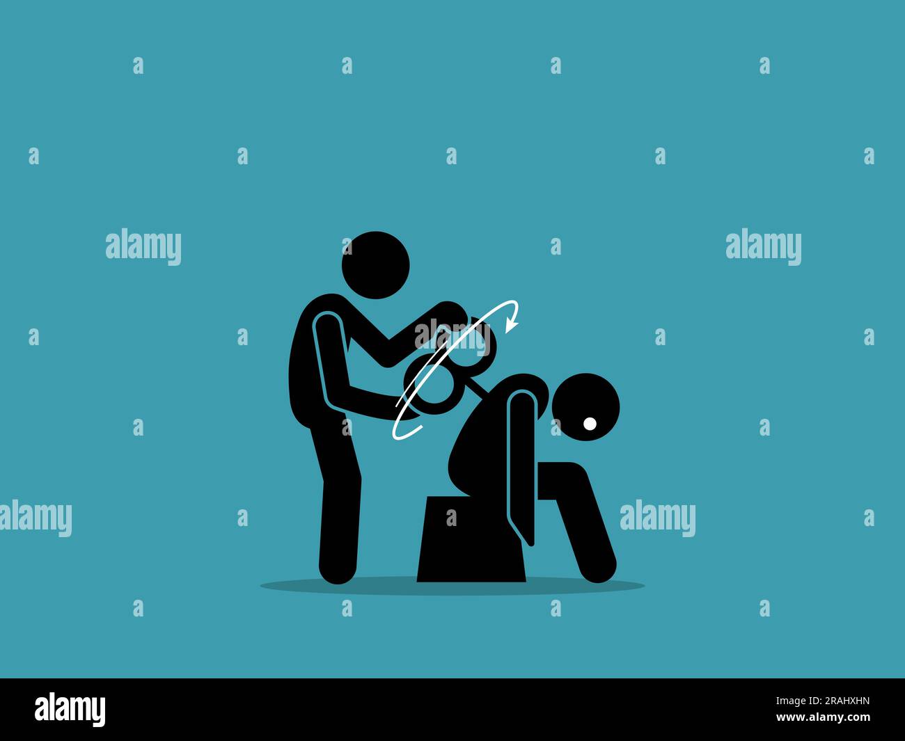A person turning a wind up toy key crank on a tired man back. Vector illustrations clip art depicts concept of power up, booster, tired, idle, stimulu Stock Vector