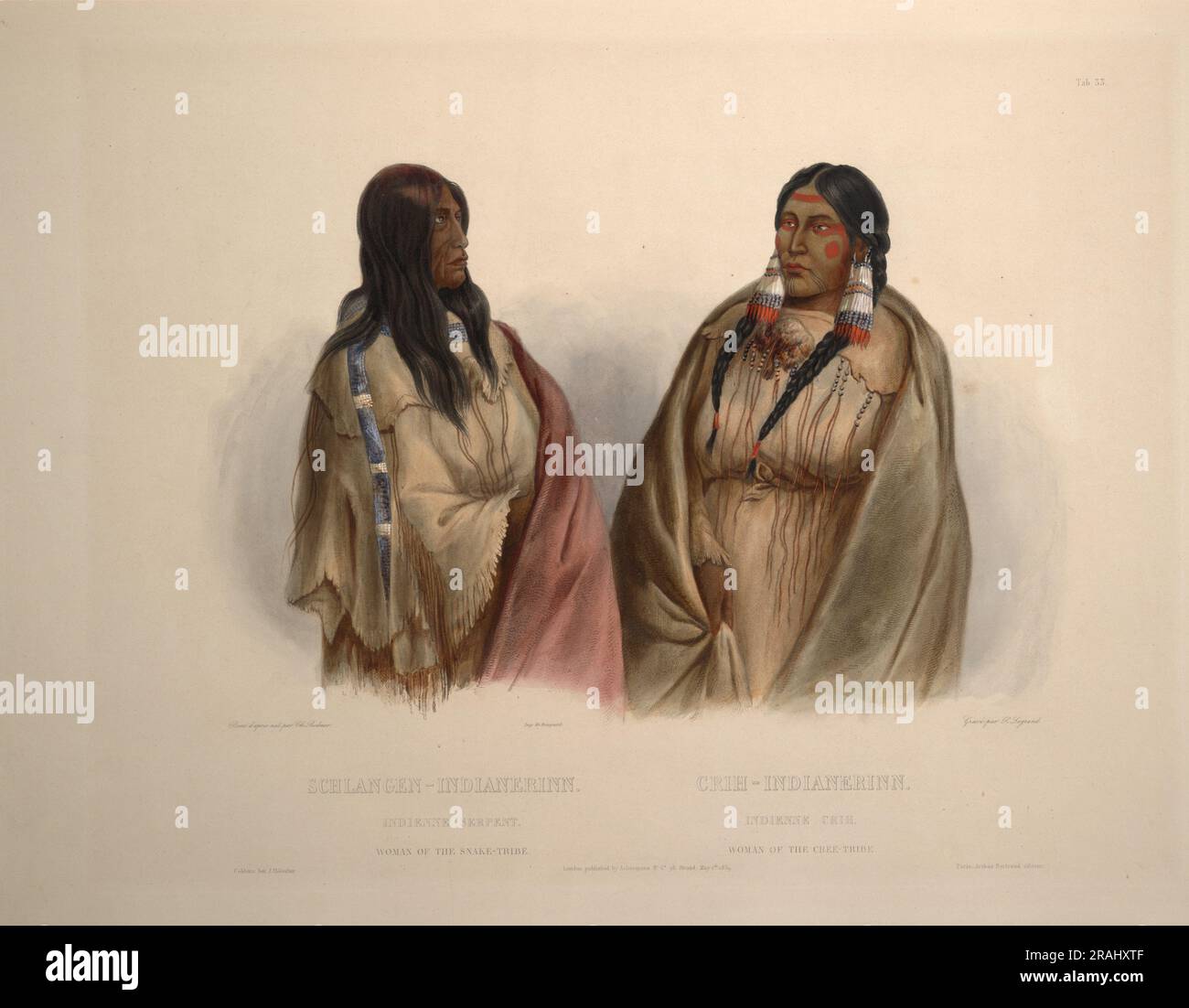Woman of the Snake tribe and woman - Woman Of The Snake Tribe And Woman Of The Cree Tribe Plate 33 From Volume 1 Of Travels In The Interior Of North America 1832 United States By Karl Bodmer 2RAHXTF