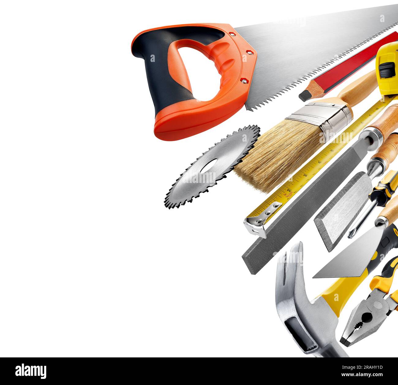Carpentry tools on white background with copy space Stock Photo