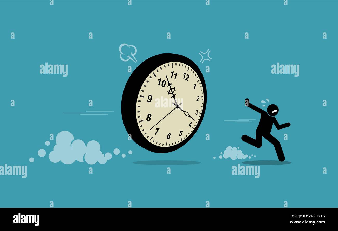 Man chasing by clock time and running away. Vector illustration depicts concept of deadlines, due dates, late, slack, procrastinate, unpunctual, and n Stock Vector