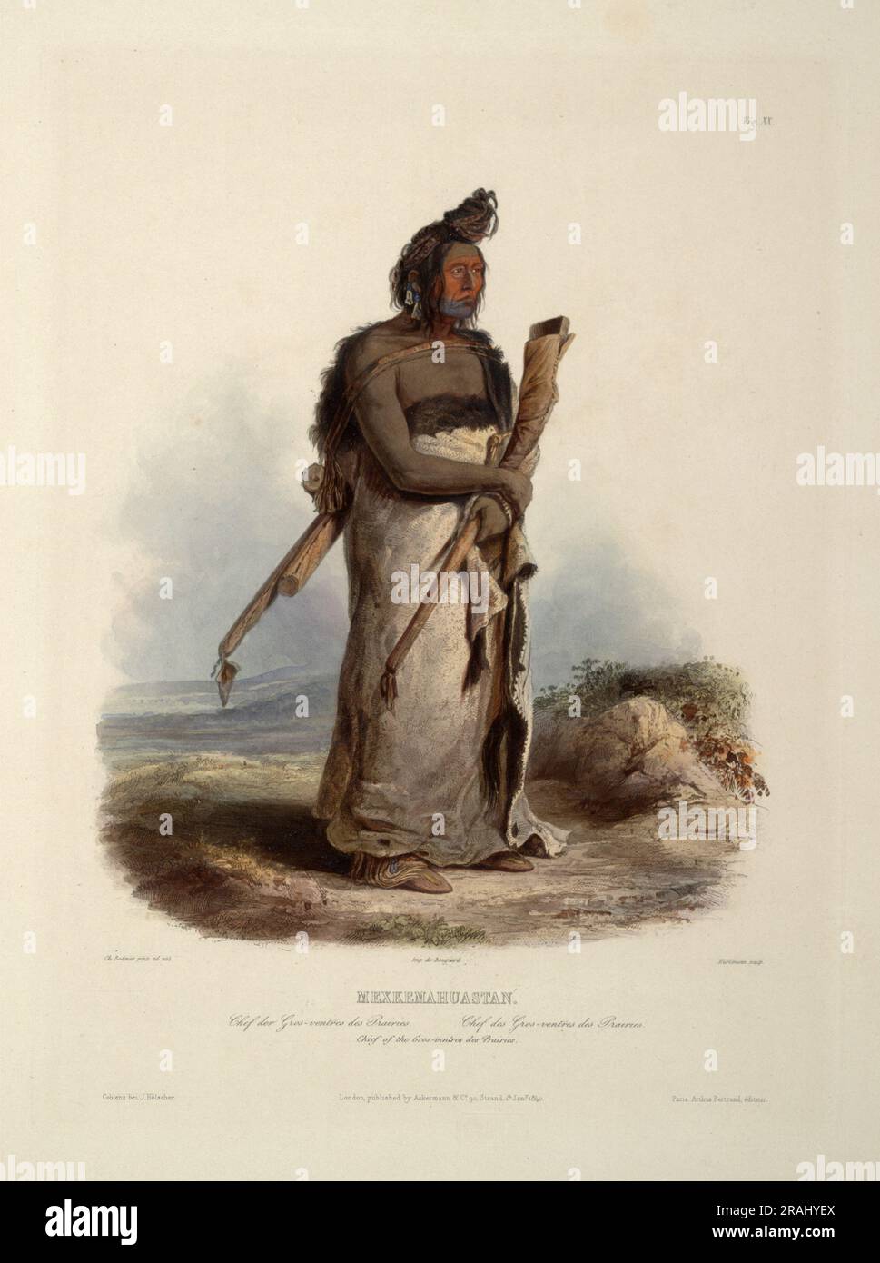 Mexkemahuastan, Chief of the Gros-Ventres of the Prairies, plate 20 from Volume 1 of 'Travels in the Interior of North America' 1843; United States by Karl Bodmer Stock Photo