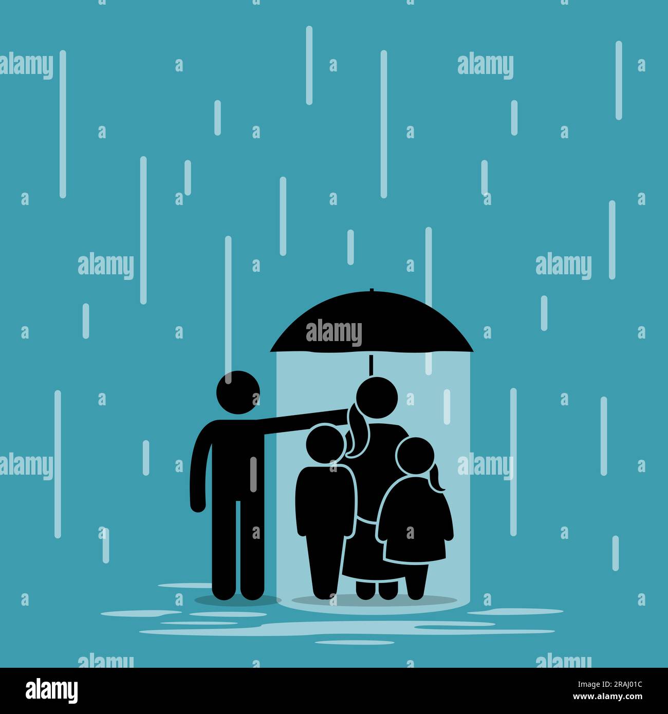 Father holding an umbrella sheltering his family from rain while