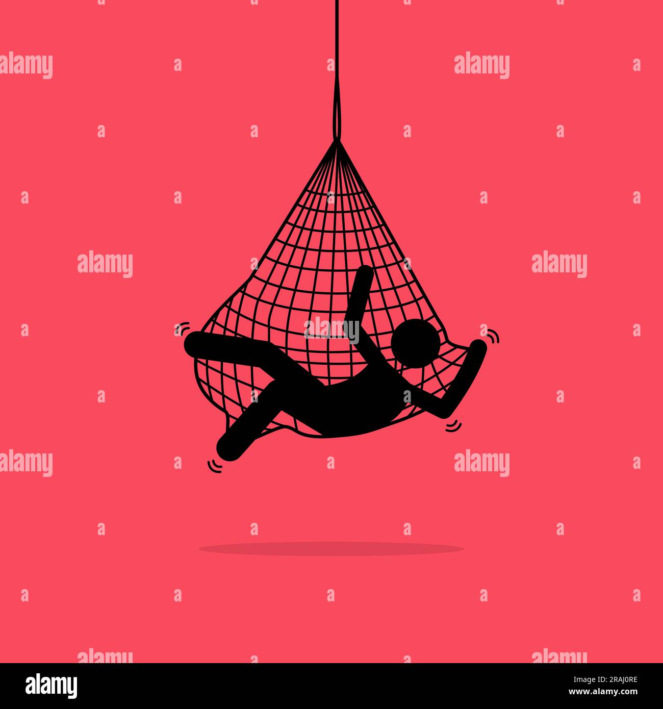 Man caught in a net trap and hung up. Vector illustration depicts