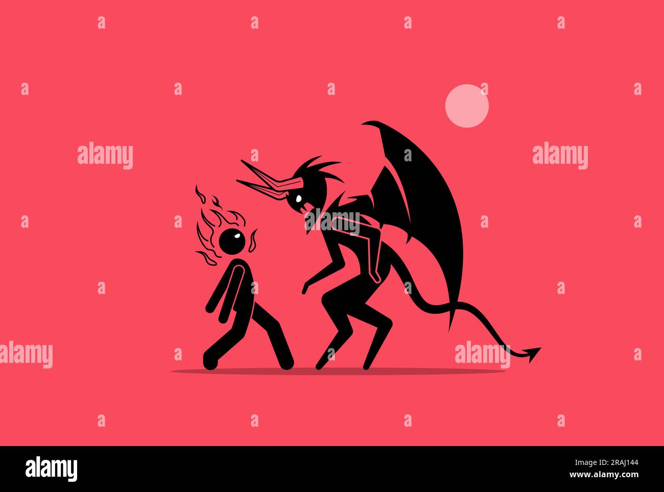 Face your demon. Man confront his fear and facing up against the demon. Vector illustrations concept of confident, bravery, fearless, withstand challe Stock Vector
