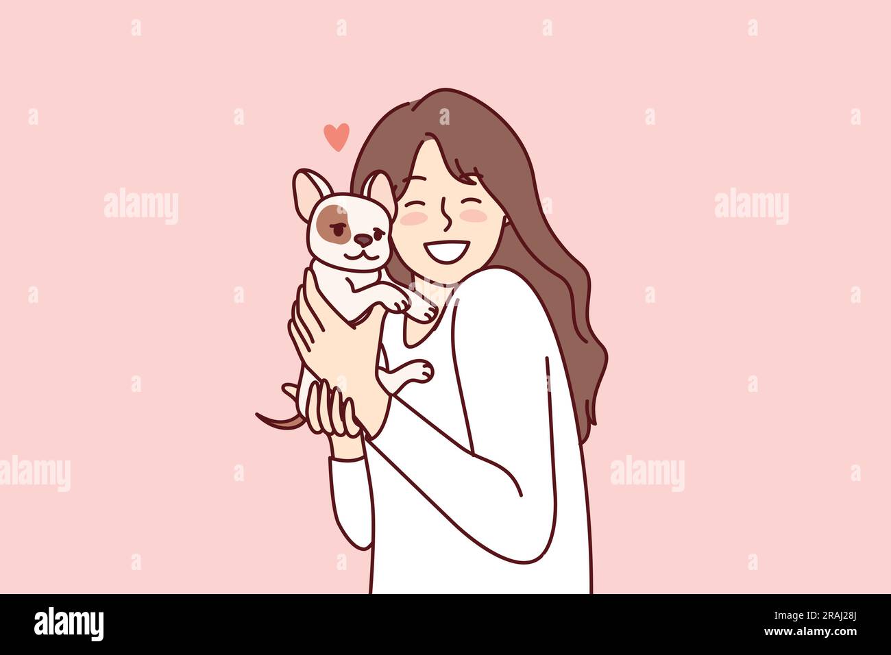 Little girl hugs puppy given for birthday and rejoices at dog become best friend for child. Happy female teenager with miniature dog enjoys interacting with cute pet adopted from shelter Stock Vector