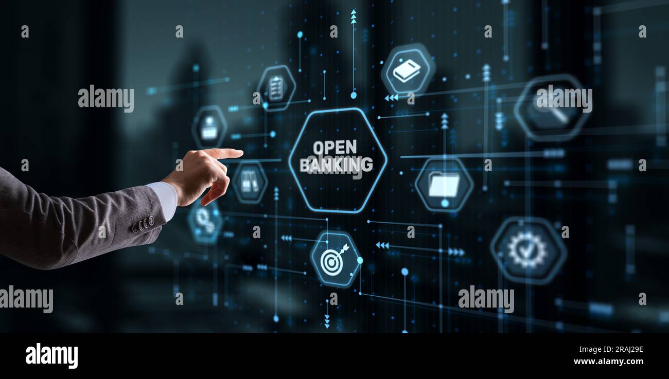 Businessman is touching hologram open banking. Technology Finance concept. Stock Photo