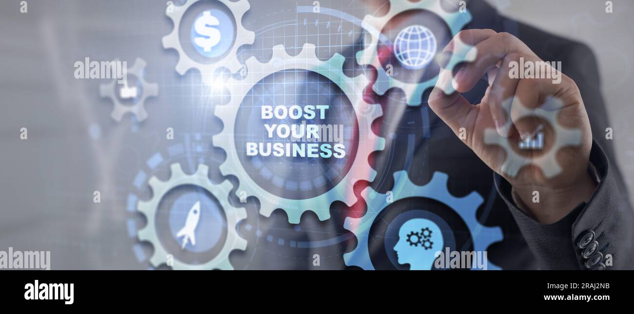 Boost your business on Virtual screen Gears. Business Technology Internet and network concept. Stock Photo