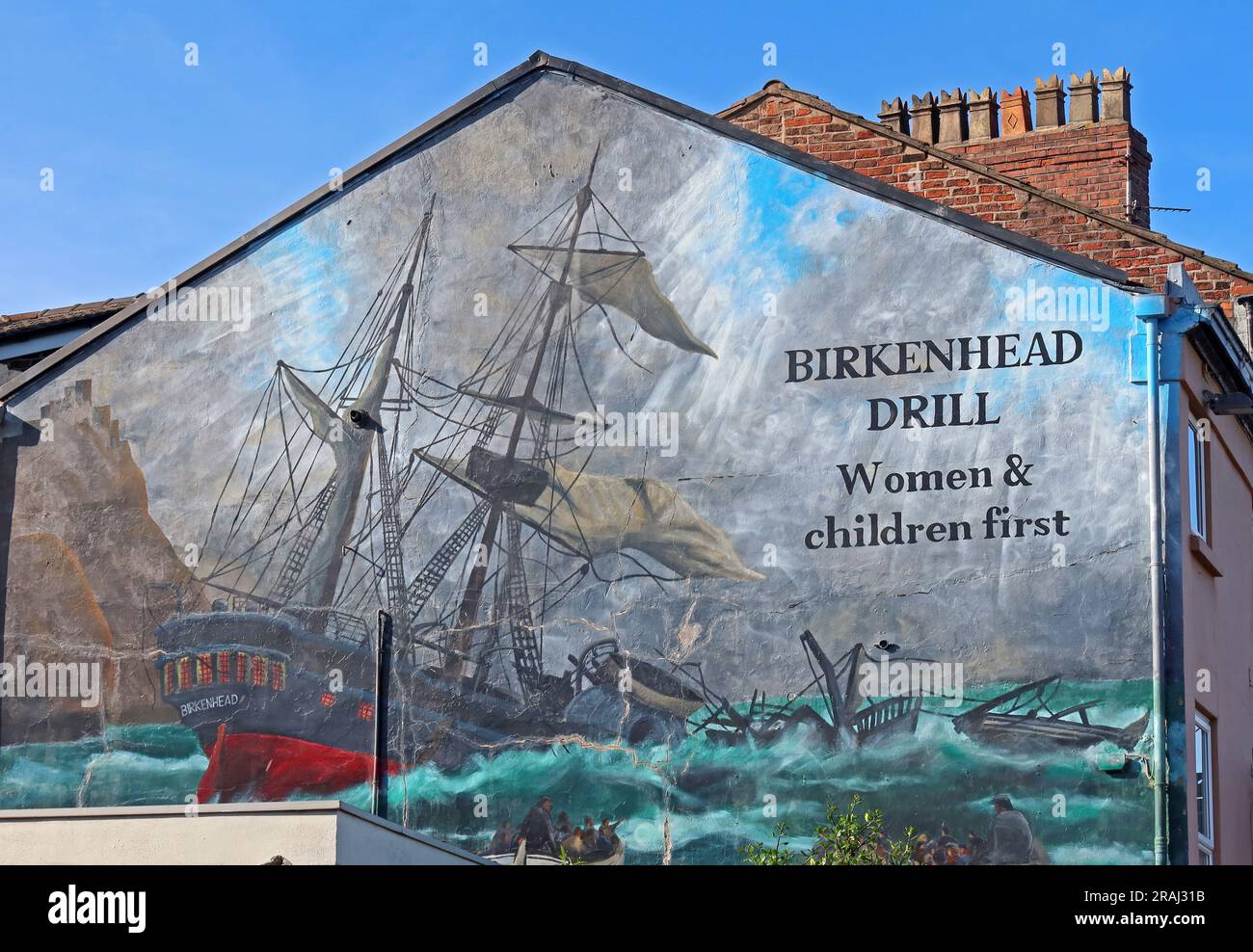 Paul Curtis Mural illustrating the Birkenhead Drill, Women and children first, when maritime survival resources, such as lifeboats were limited Stock Photo