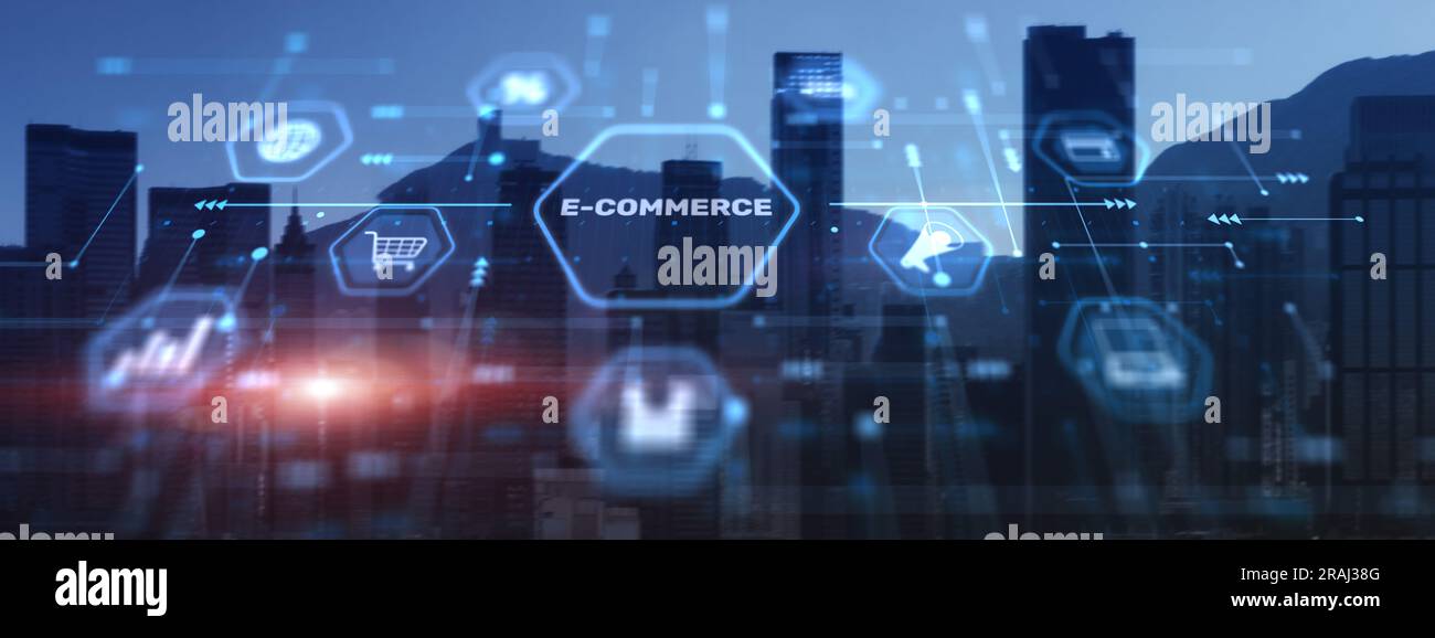 E-commerce Global Business Digital Marketing on modern city. Stock Photo