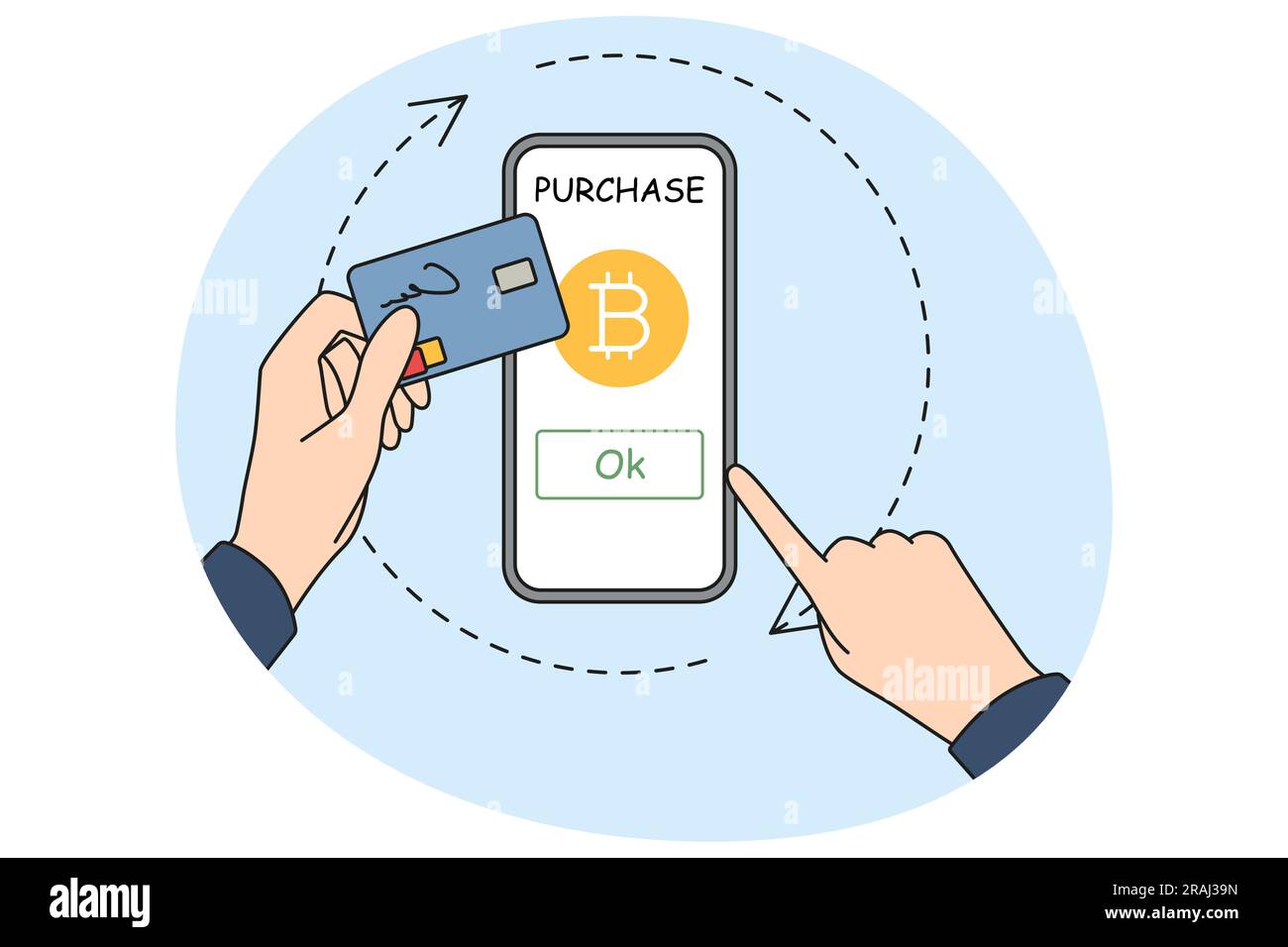 Hands of person using cellphone buying bitcoin online with credit card.  Trader or investor purchase virtual money on smartphone. Crypto and  investment. Vector illustration Stock Vector Image & Art - Alamy