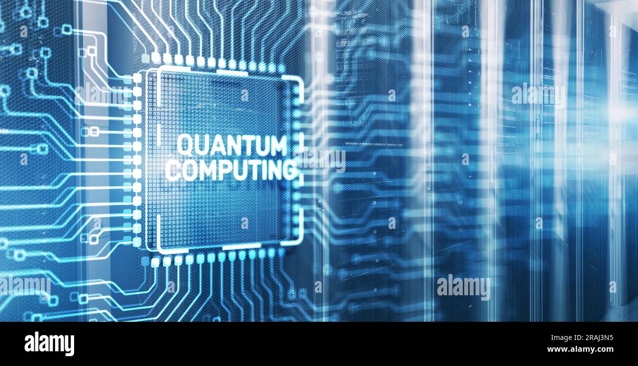 Quantum computing concept. The inscription on 3d Electronic Circuit Board Chip. Stock Photo