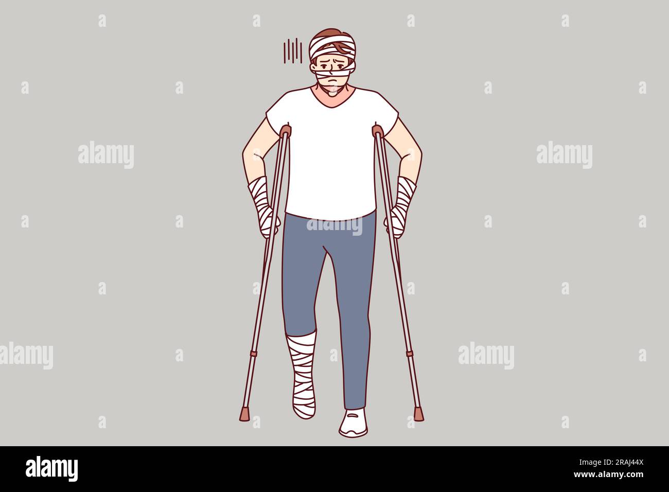 Ill man with bandages on hands and head uses walking aids after being