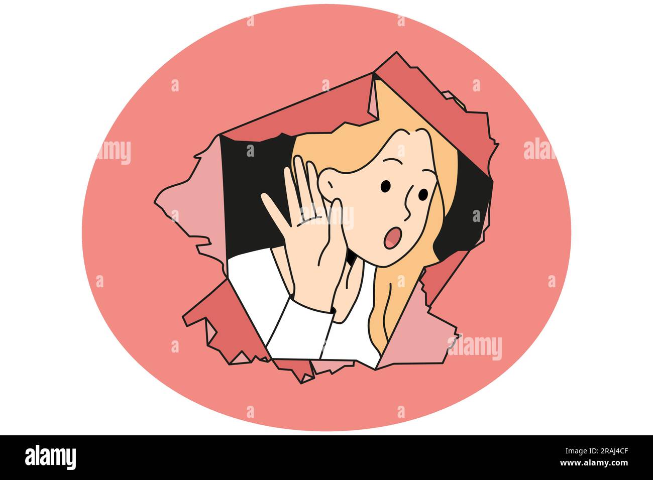 Young woman peep through paper hole hold hand near ear hearing gossips and secrets. Curious girl excited about secret hidden information and news. Censorship and rumors. Vector illustration. Stock Vector