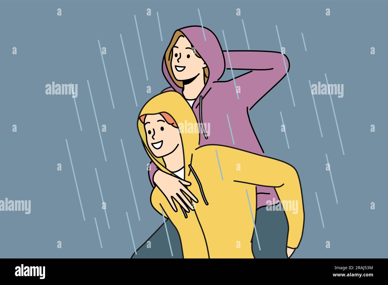 Happy couple walks in rain enjoying downpour after long drought and not wanting to go home. Man in waterproof hood rolls laughing girlfriend on back and enjoys autumn weather with rain Stock Vector