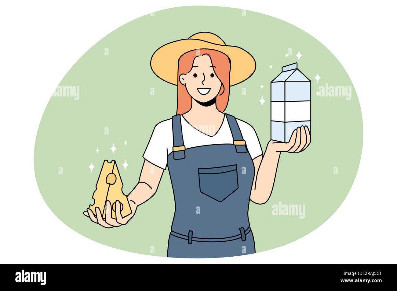 Smiling female farmer holding cheese and milk offer natural products. Happy milkmaid produce organic dairy goods on farm. Healthy food and nutrition. Vector illustration. Stock Vector