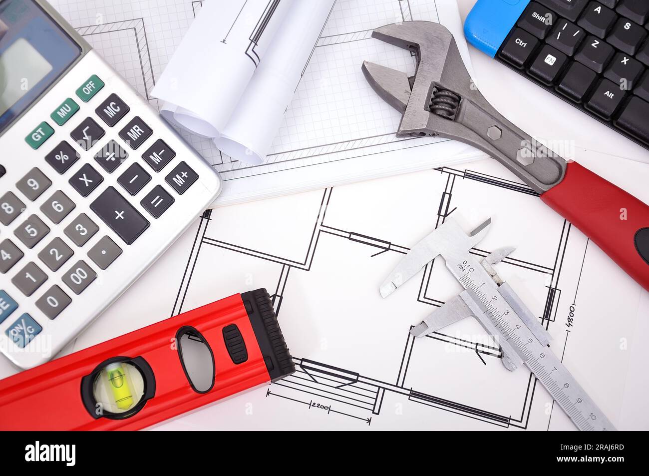 Architecture blueprint and work tool on table Stock Photo Alamy