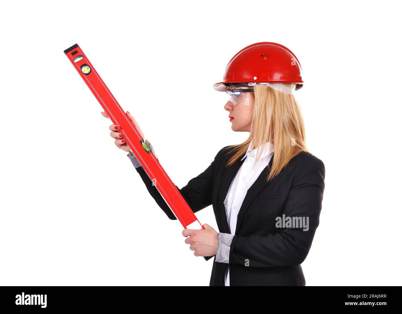 Engineer Level Image woman engineer with line level, isolated on white Stock Photo - Alamy