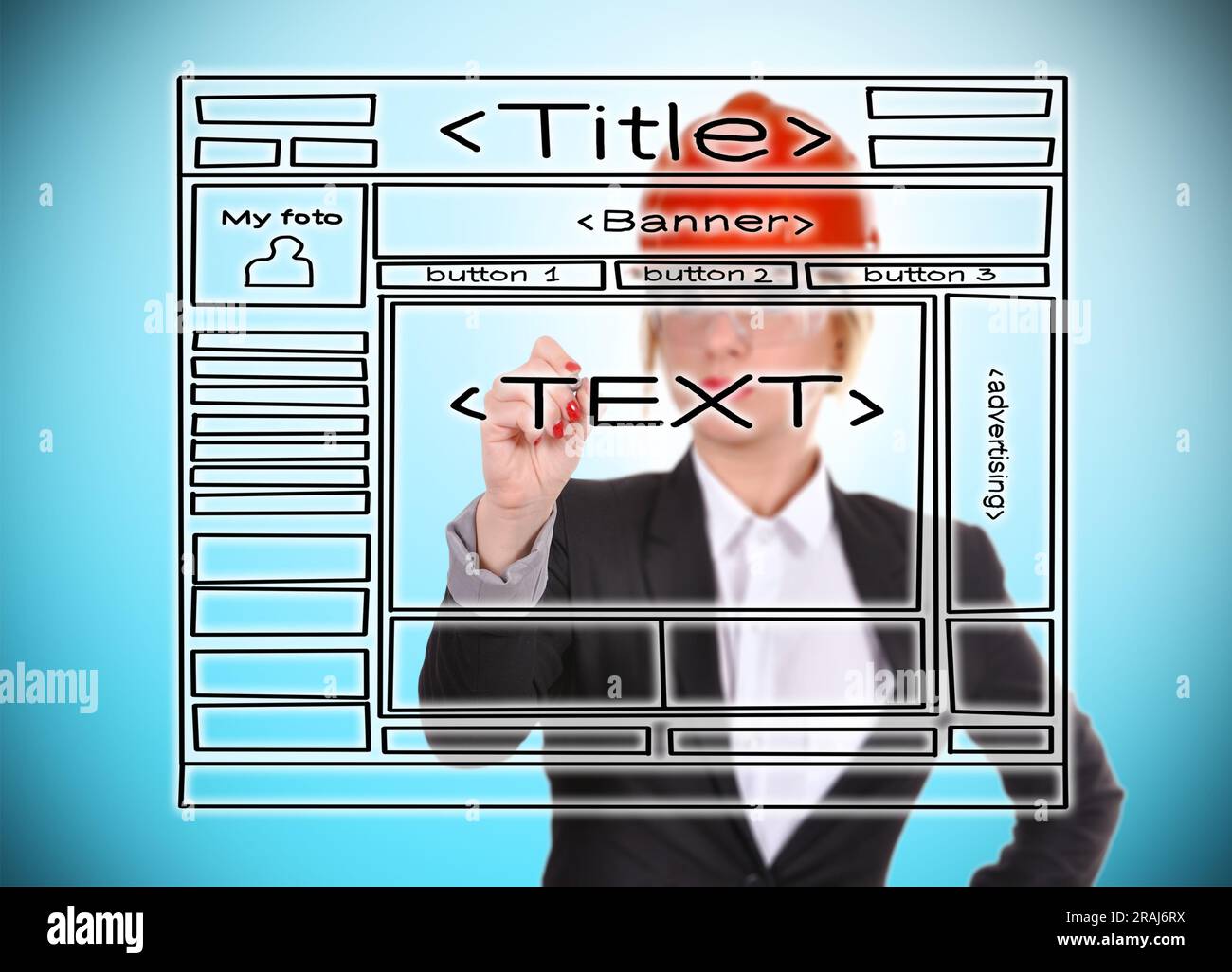 Engineer woman drawing template website on a blue background Stock Engineer woman drawing template website on a blue background Stock