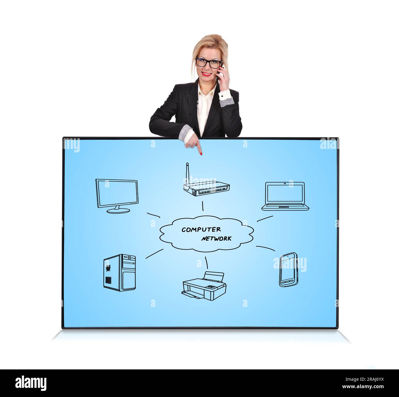 businesswoman  pointing to plasma panel with computer network Stock Photo