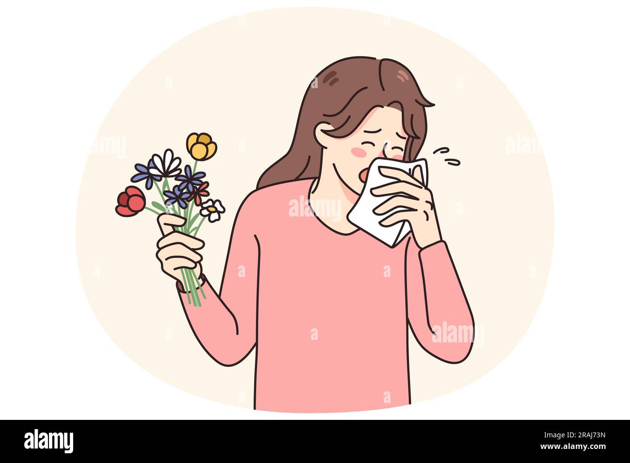 Sick young woman sneeze having allergy to flowers. Unhealthy girl hold