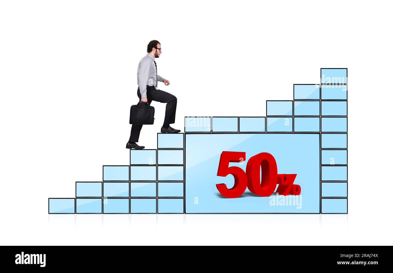 businessman walking up stairs of monitors with discount Stock Photo