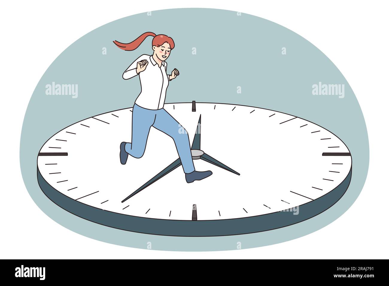 Worried young woman running on clock surface meeting deadline. Anxious