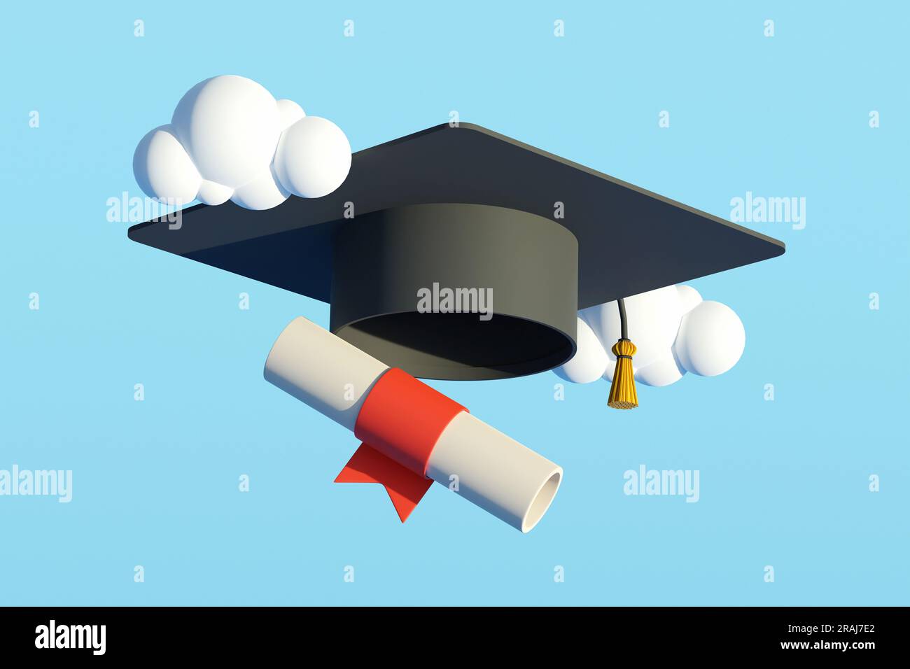 Creative 3d collage image of mortarboard graduation hat scroll diploma paper flying clouds isolated on blue background Stock Photo