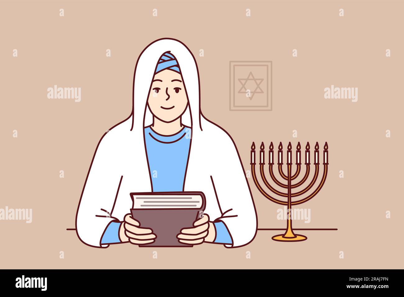 Jewish woman rabbi holds torah in hands and sits near image of star of david, dressed in religious clothes and white veil. Smiling girl learning jewish religion and prayers to worship god Stock Vector