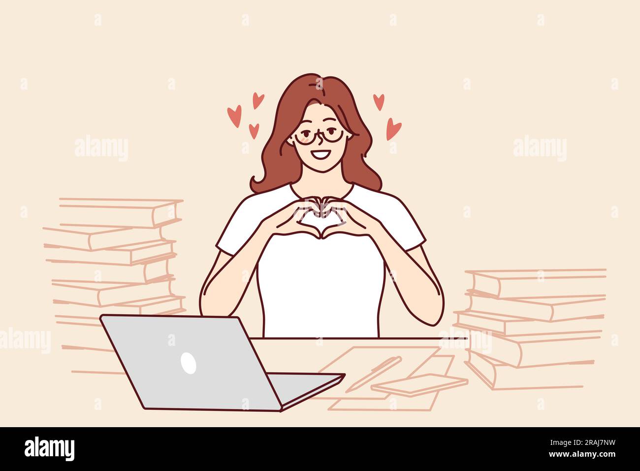 Romantic woman freelancer shows heart with fingers as token of appreciation to clients or employers. Girl in love says hello to boyfriend posing for romantic message at table with papers Stock Vector