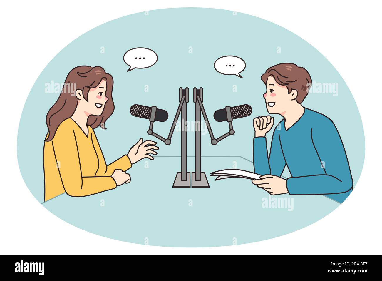 Smiling diverse people talk in studio in microphones record podcast together. Happy radio host