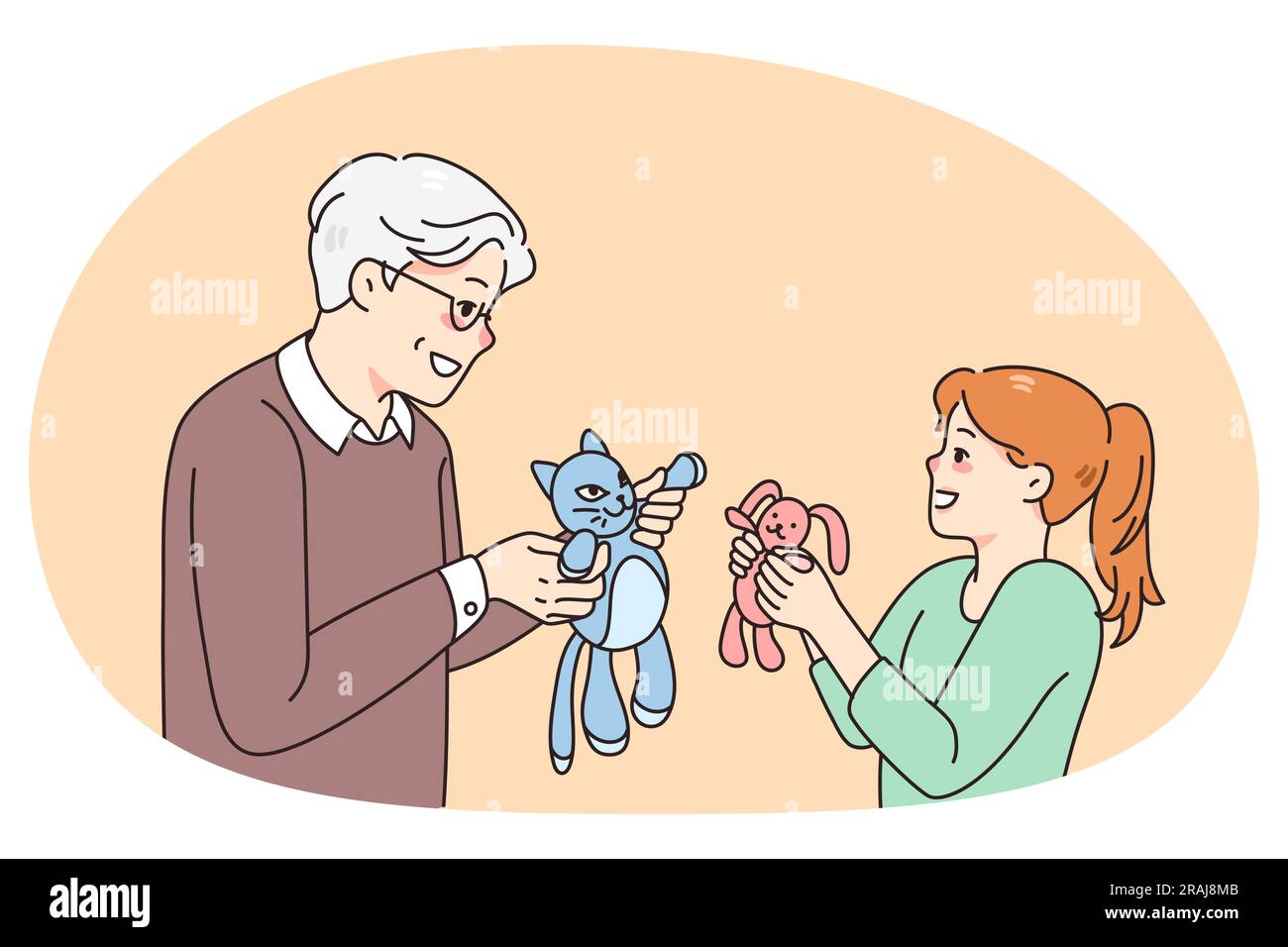 Happy mature grandfather play dolls with smiling little granddaughter. Smiling loving grandpa have fun enjoy toy game with excited small grandchild. Young and old generation. Vector illustration. Stock Vector